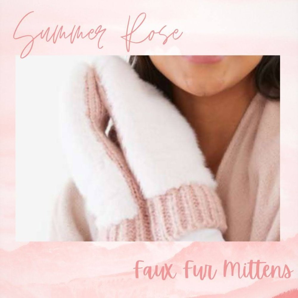 Summer Rose Cream & Pink Faux-Fur Mittens Cream Faux-Fur Knit Pink Bottom NWT